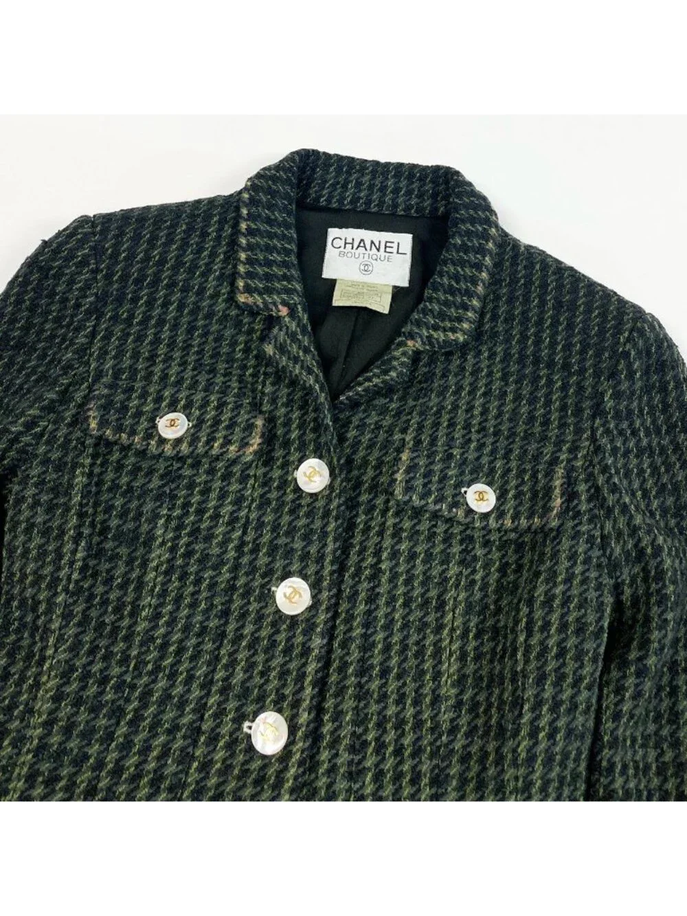 Chanel Collection CC Logo Button Tweed Short Jacket 40 Dark Green